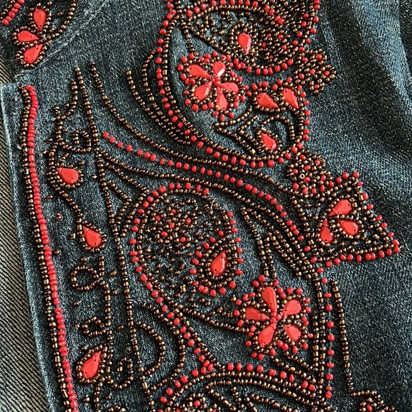 Chico’s sz 0 red beaded denim blazer jacket - Picture 2 of 8